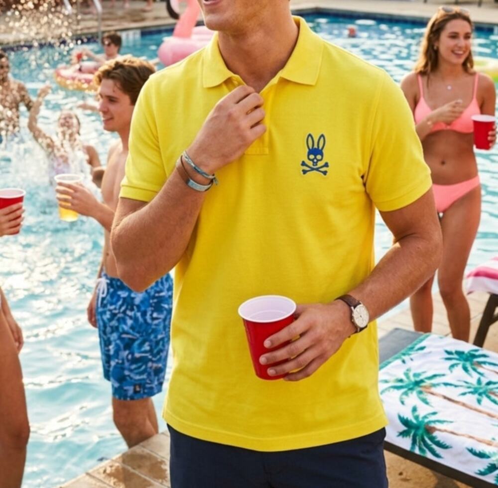 Psycho Bunny Men’s Small Yellow Pique Polo Shirt Blue Embroidered Logo EUC
